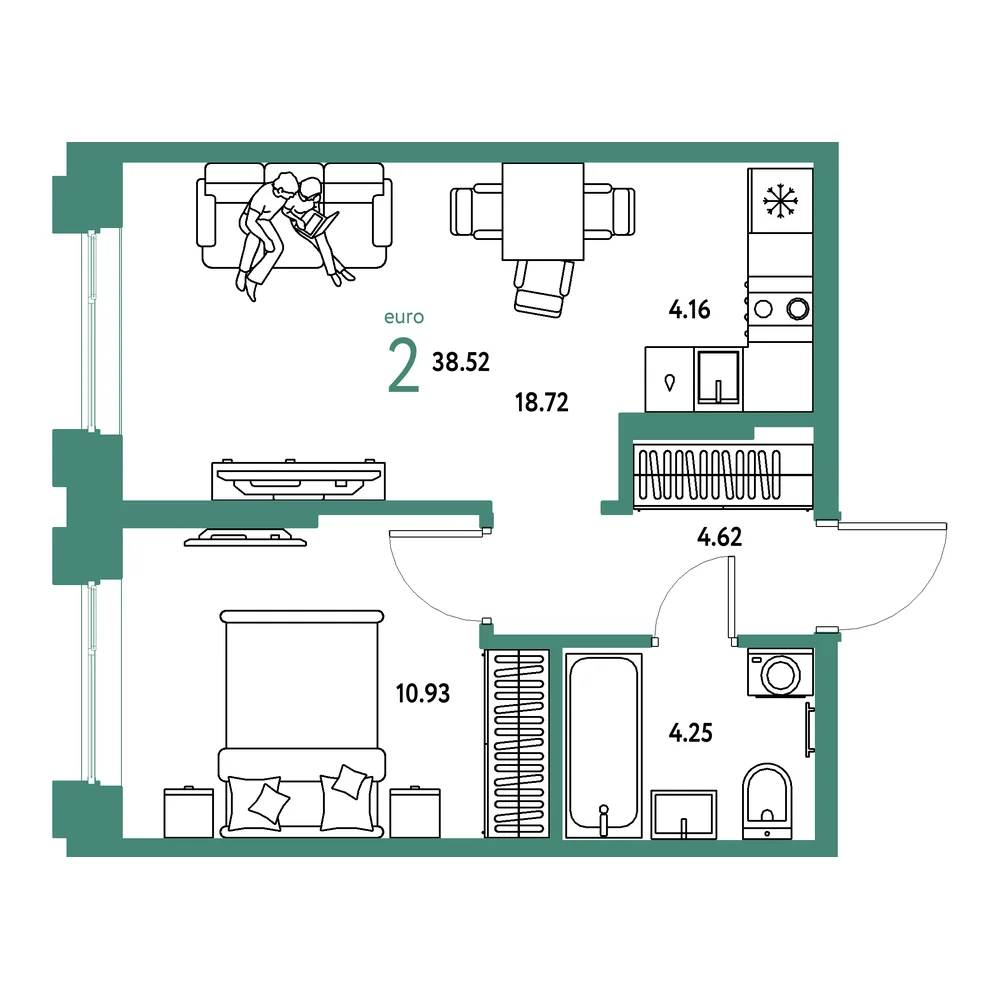 Планировка: Европейский берег 2.0 2-комнатная 38,52м²