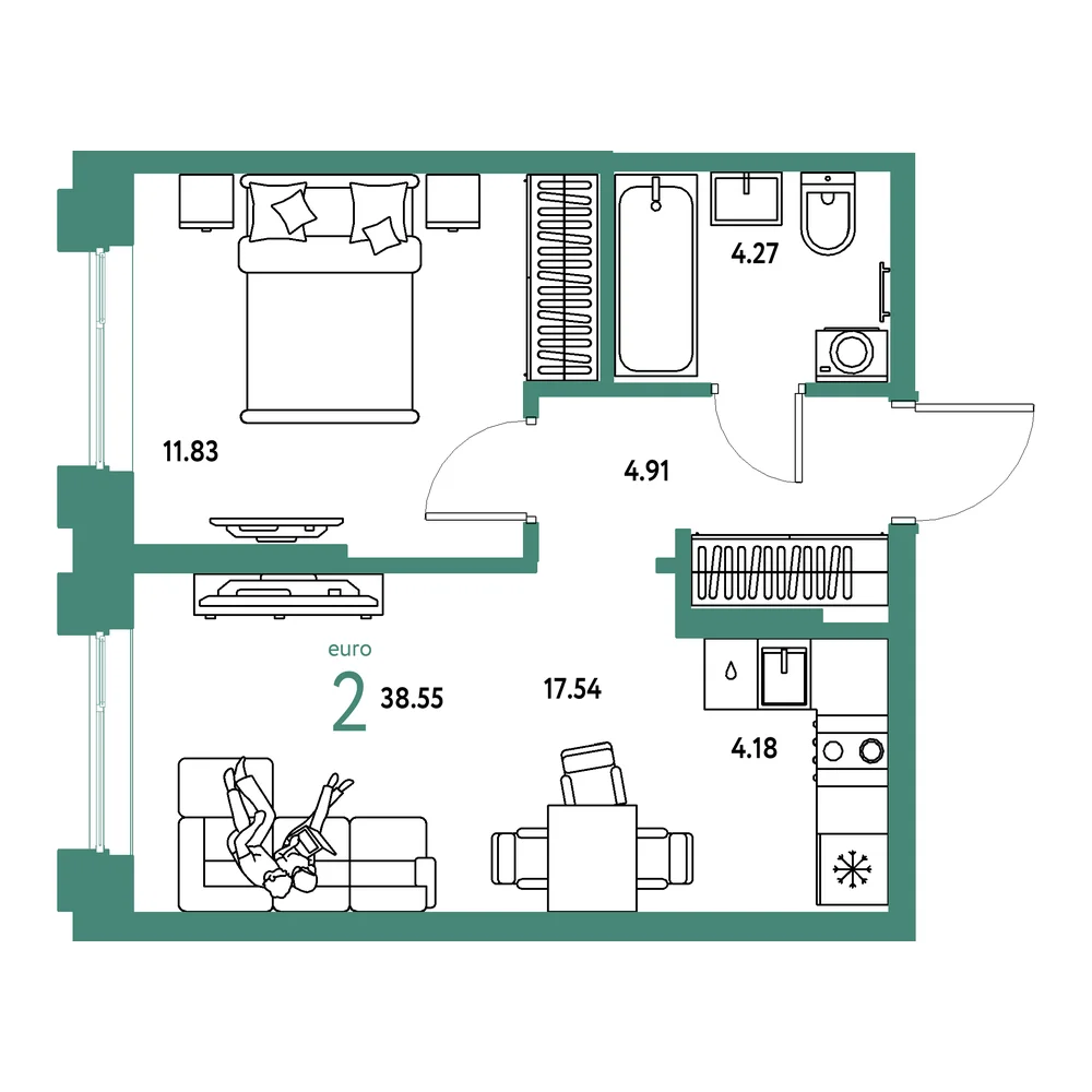 Планировка: Европейский берег 2.0 2-комнатная 38,55м²