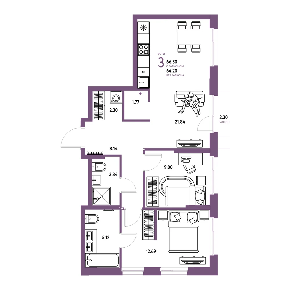 Планировка: Европейский берег 2.0 3-комнатная 66,50м²