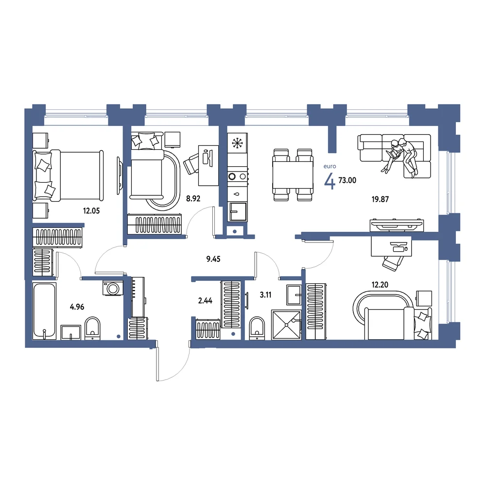 Планировка: Европейский берег 2.0 4-комнатная 73,00м²