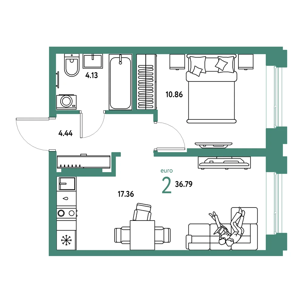 Планировка: Европейский берег 2.0 2-комнатная 36,79м²