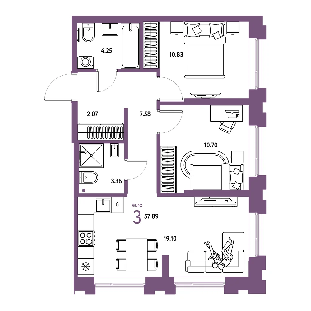 Планировка: Европейский берег 2.0 3-комнатная 57,89м²