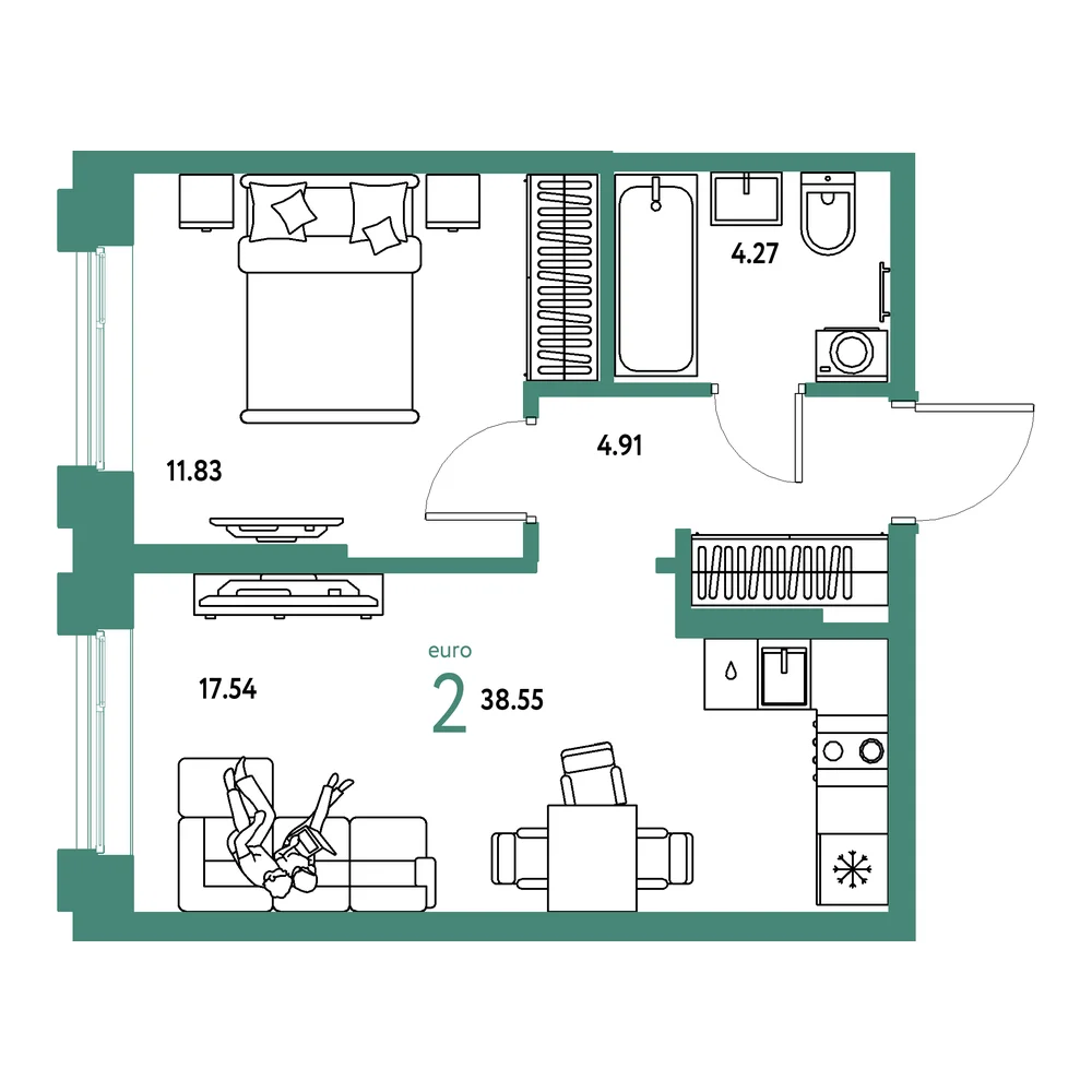 Планировка: Европейский берег 2.0 2-комнатная 38,55м²