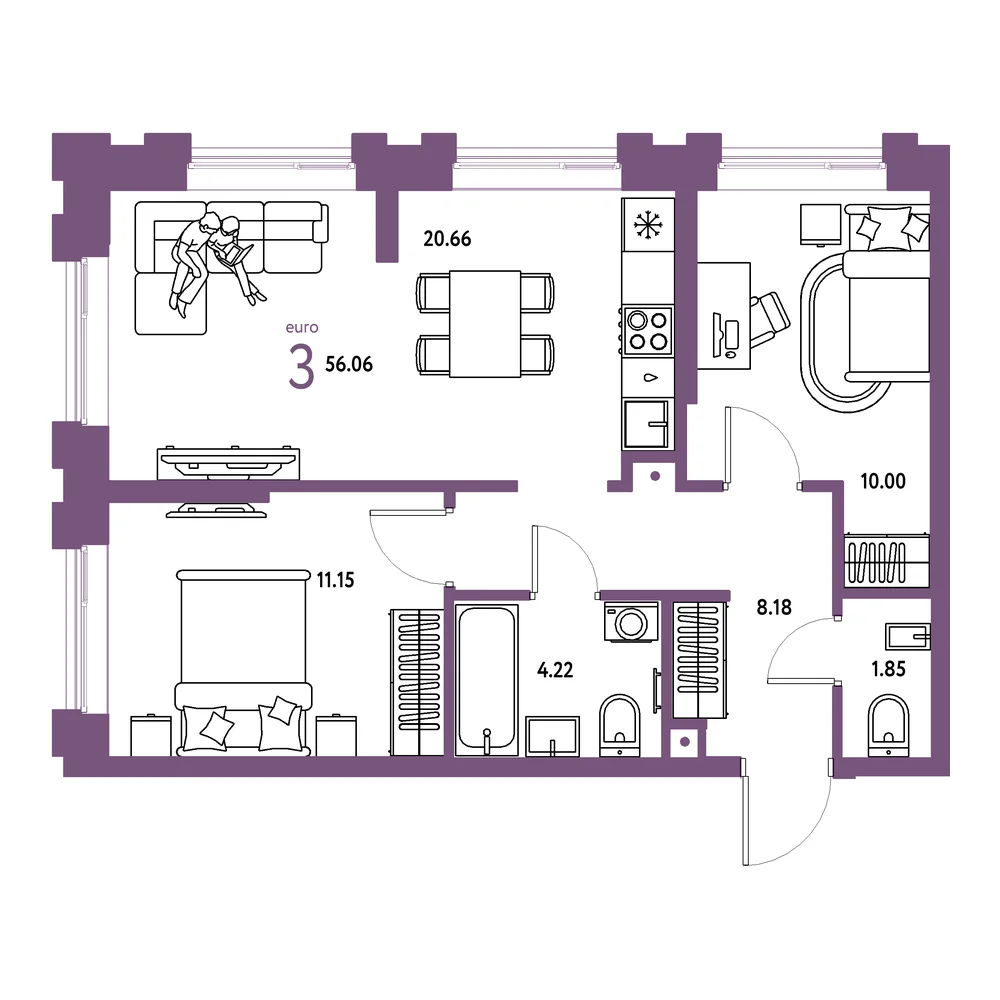 Планировка: Европейский берег 2.0 3-комнатная 56,06м²