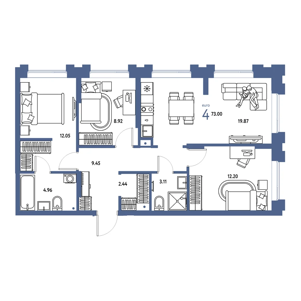 Планировка: Европейский берег 2.0 4-комнатная 73,00м²