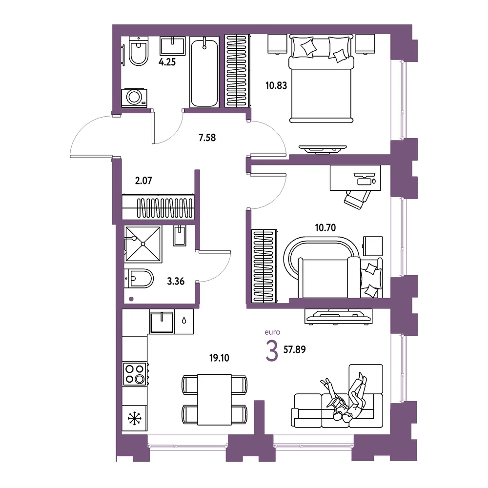 Планировка: Европейский берег 2.0 3-комнатная 57,89м²