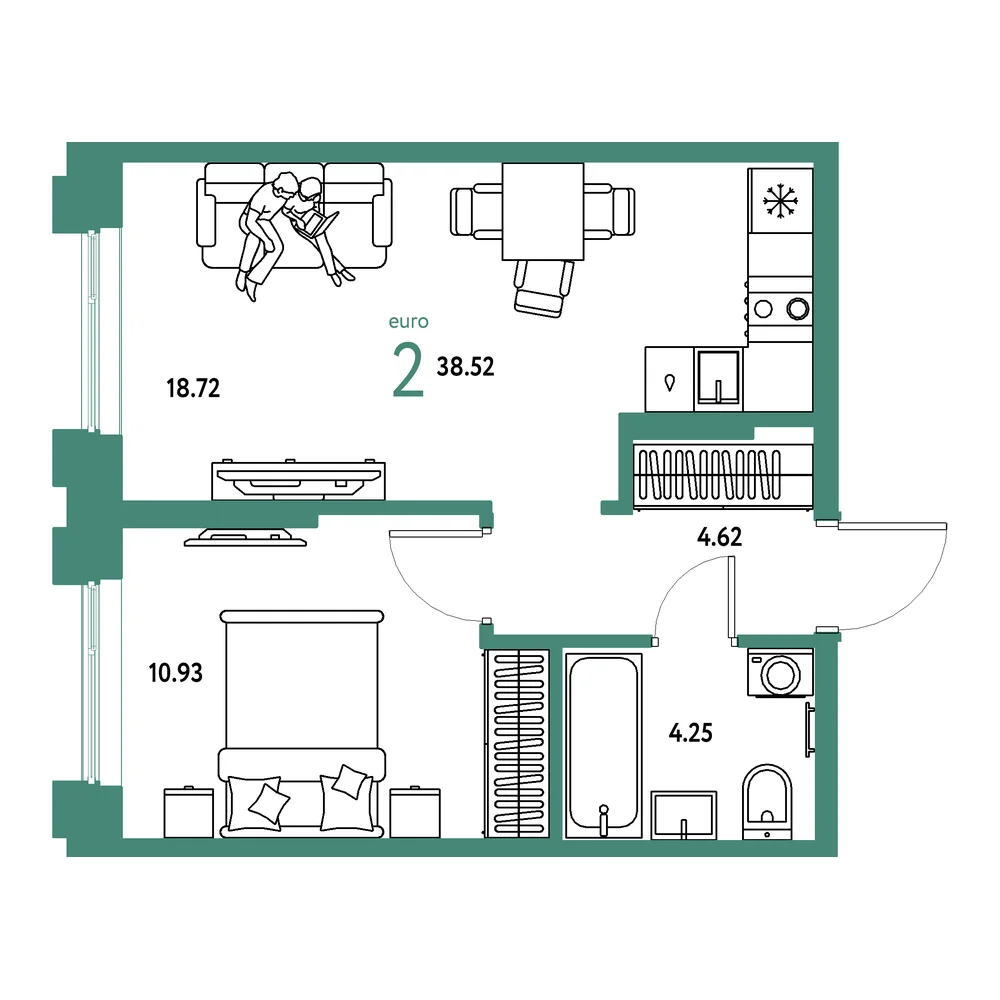 Планировка: Европейский берег 2.0 2-комнатная 38,52м²