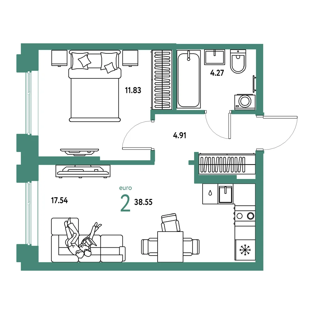 Планировка: Европейский берег 2.0 2-комнатная 38,55м²