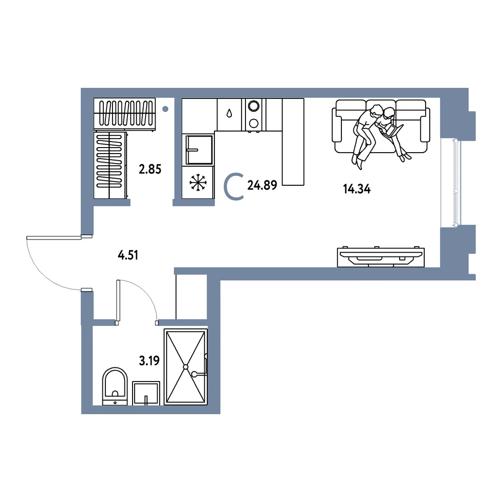 Планировка: Европейский берег 2.0 Студия 24,89м²