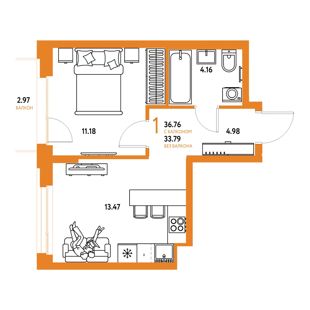 Планировка: Европейский берег 2.0 1-комнатная 36,76м²