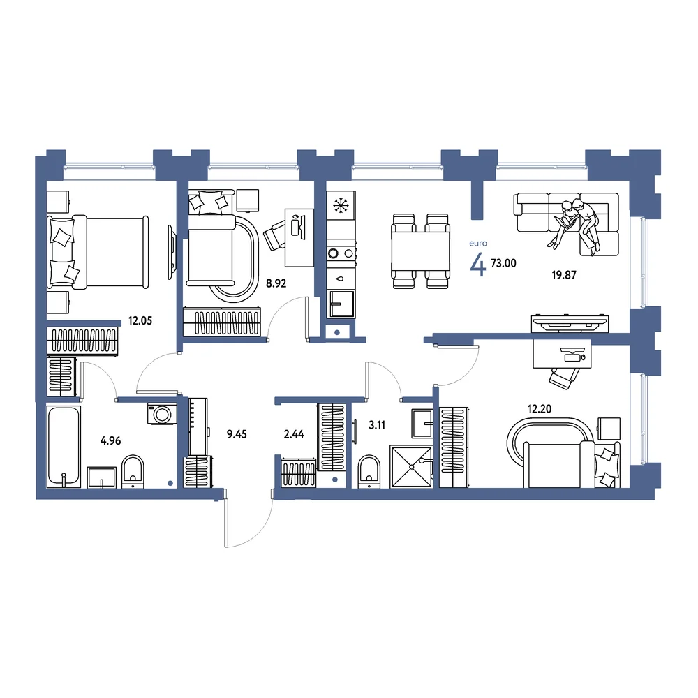 Планировка: Европейский берег 2.0 4-комнатная 73,00м²