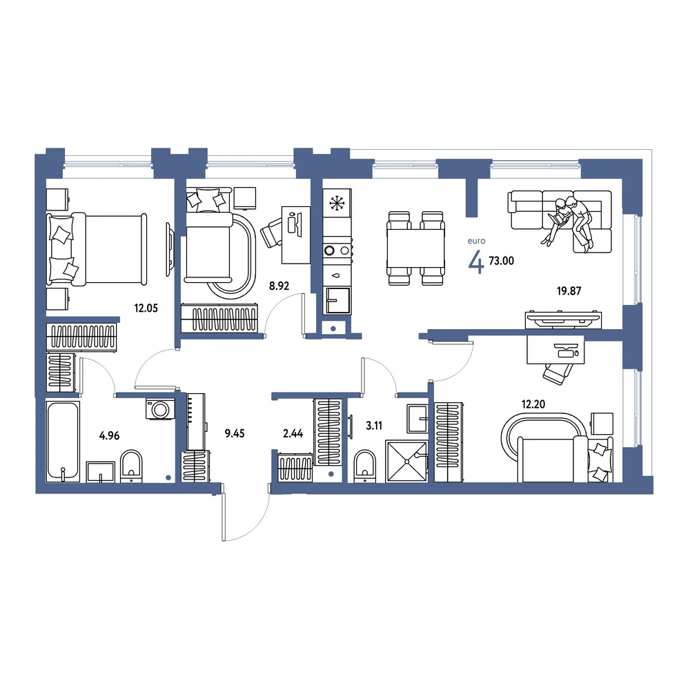 Планировка: Европейский берег 2.0 4-комнатная 73,00м²