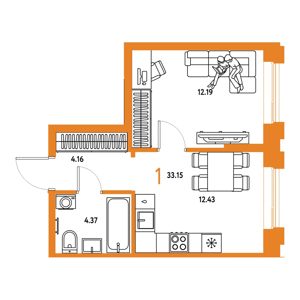 Планировка: Европейский берег 2.0 1-комнатная 33,15м²