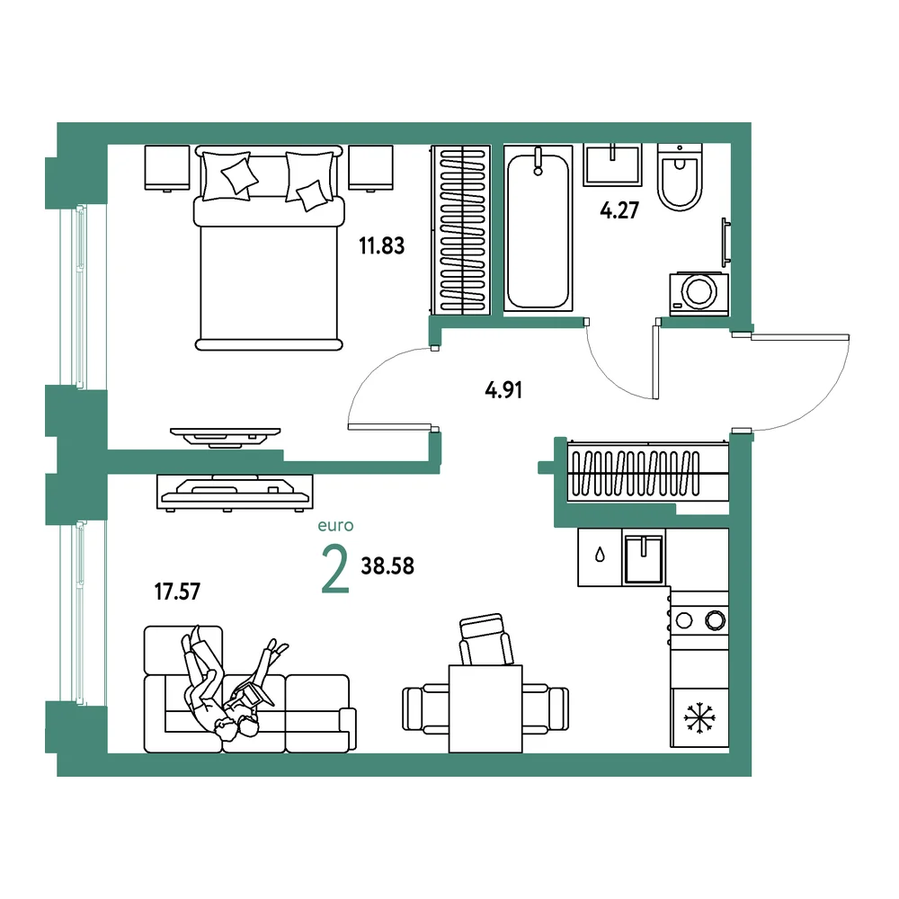 Планировка: Европейский берег 2.0 2-комнатная 38,58м²