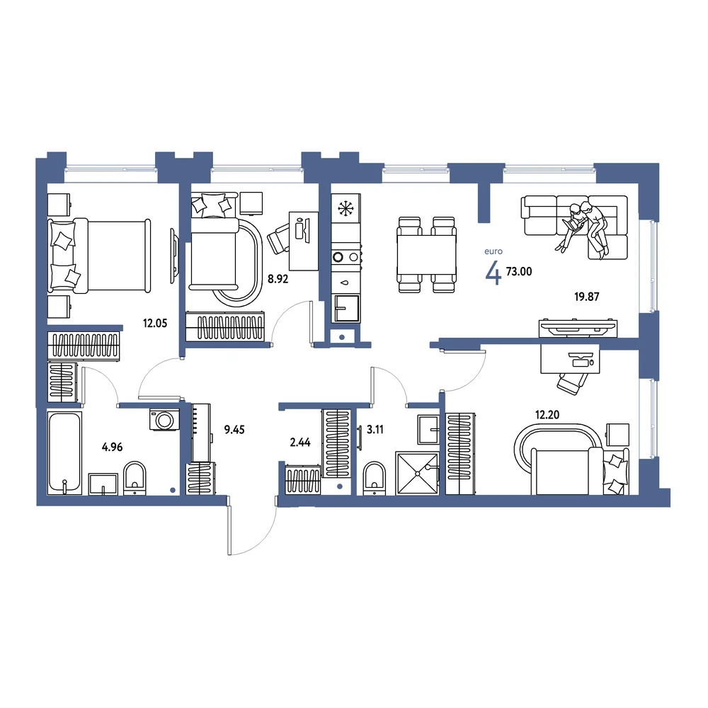 Планировка: Европейский берег 2.0 4-комнатная 73,00м²