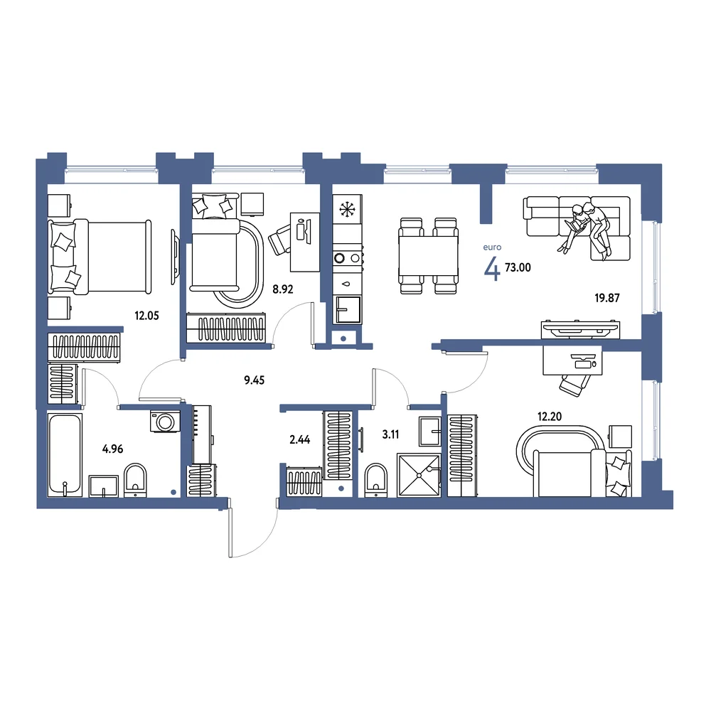 Планировка: Европейский берег 2.0 4-комнатная 73,00м²