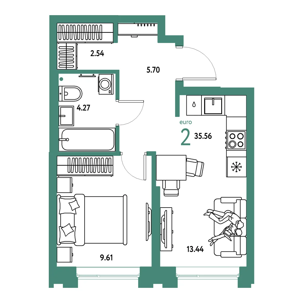 Планировка: Европейский берег 2.0 2-комнатная 35,56м²