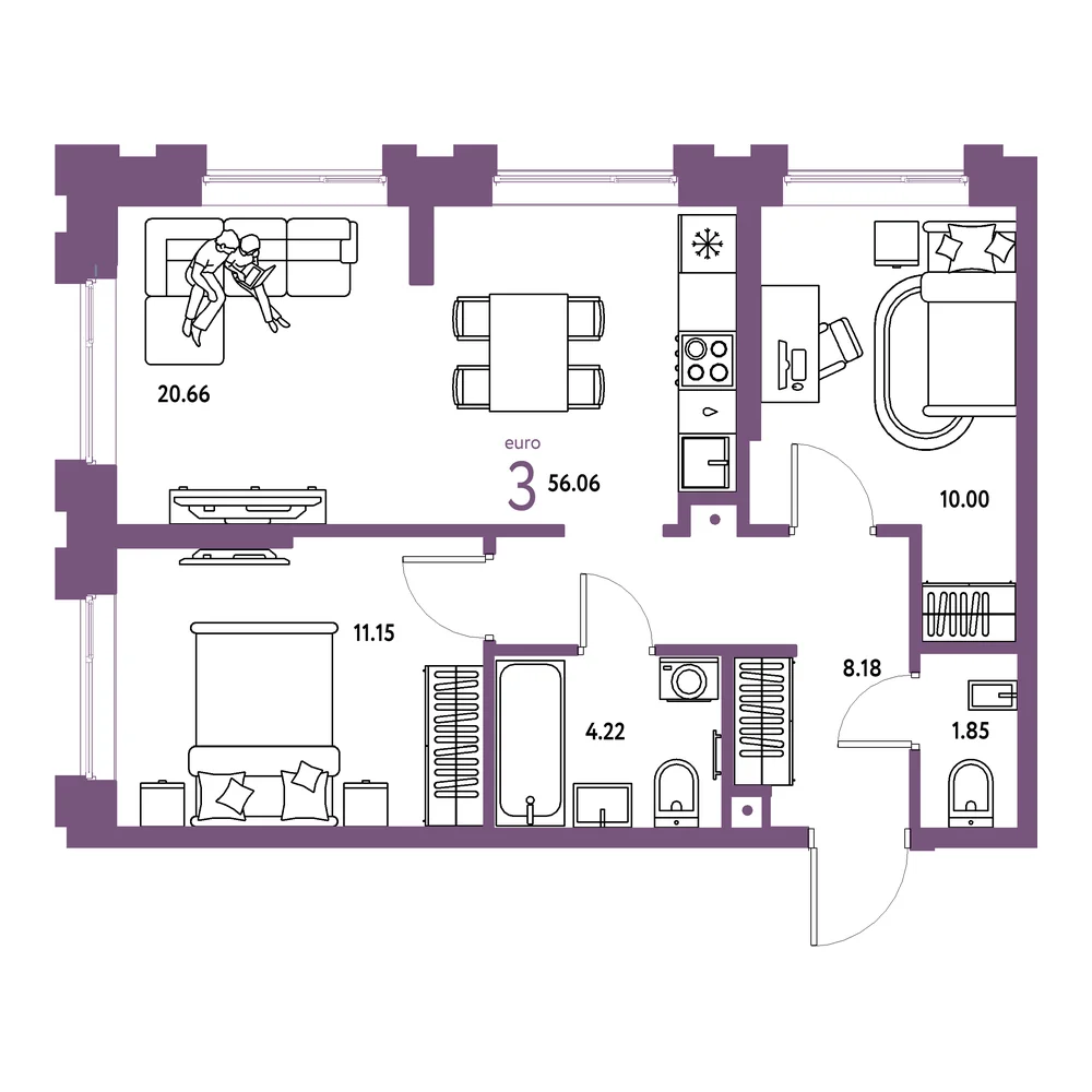 Планировка: Европейский берег 2.0 3-комнатная 56,06м²