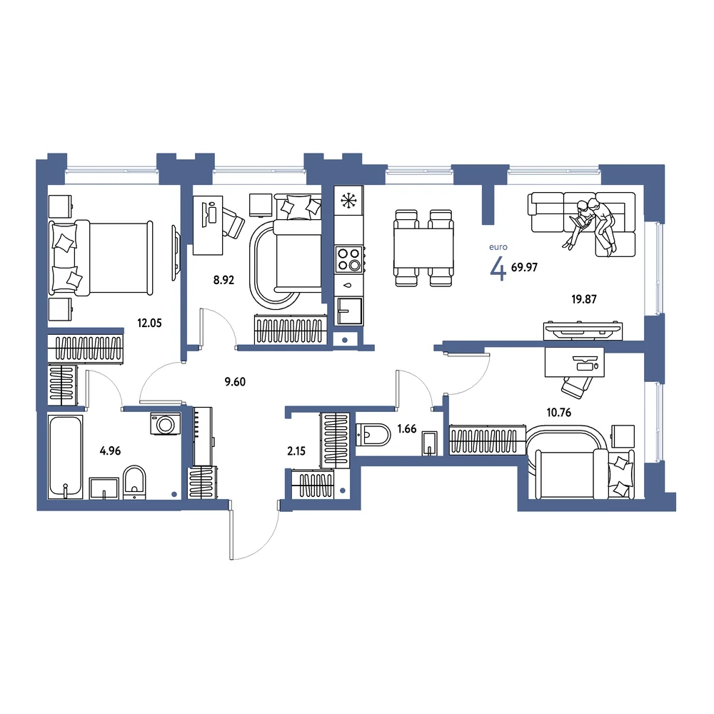 Планировка: Европейский берег 2.0 4-комнатная 69,97м²