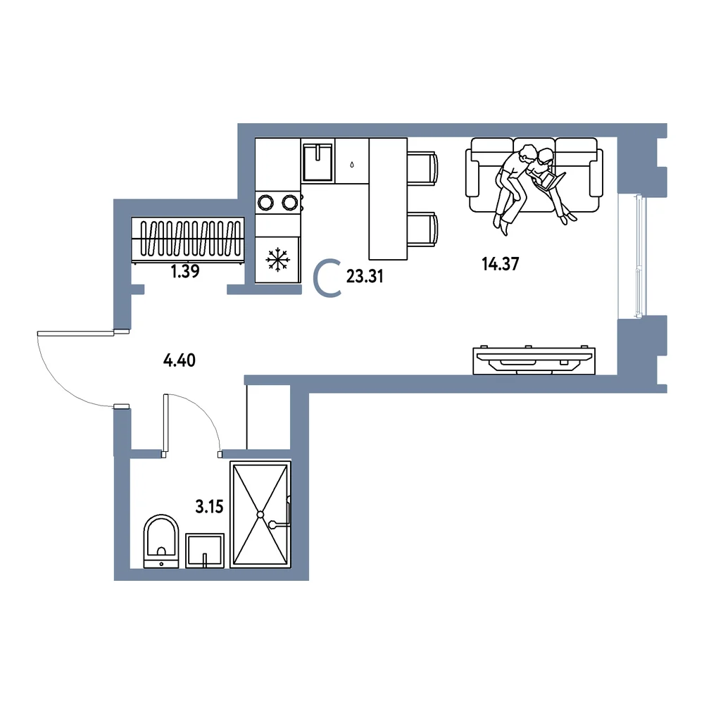 Планировка: Европейский берег 2.0 Студия 23,31м²