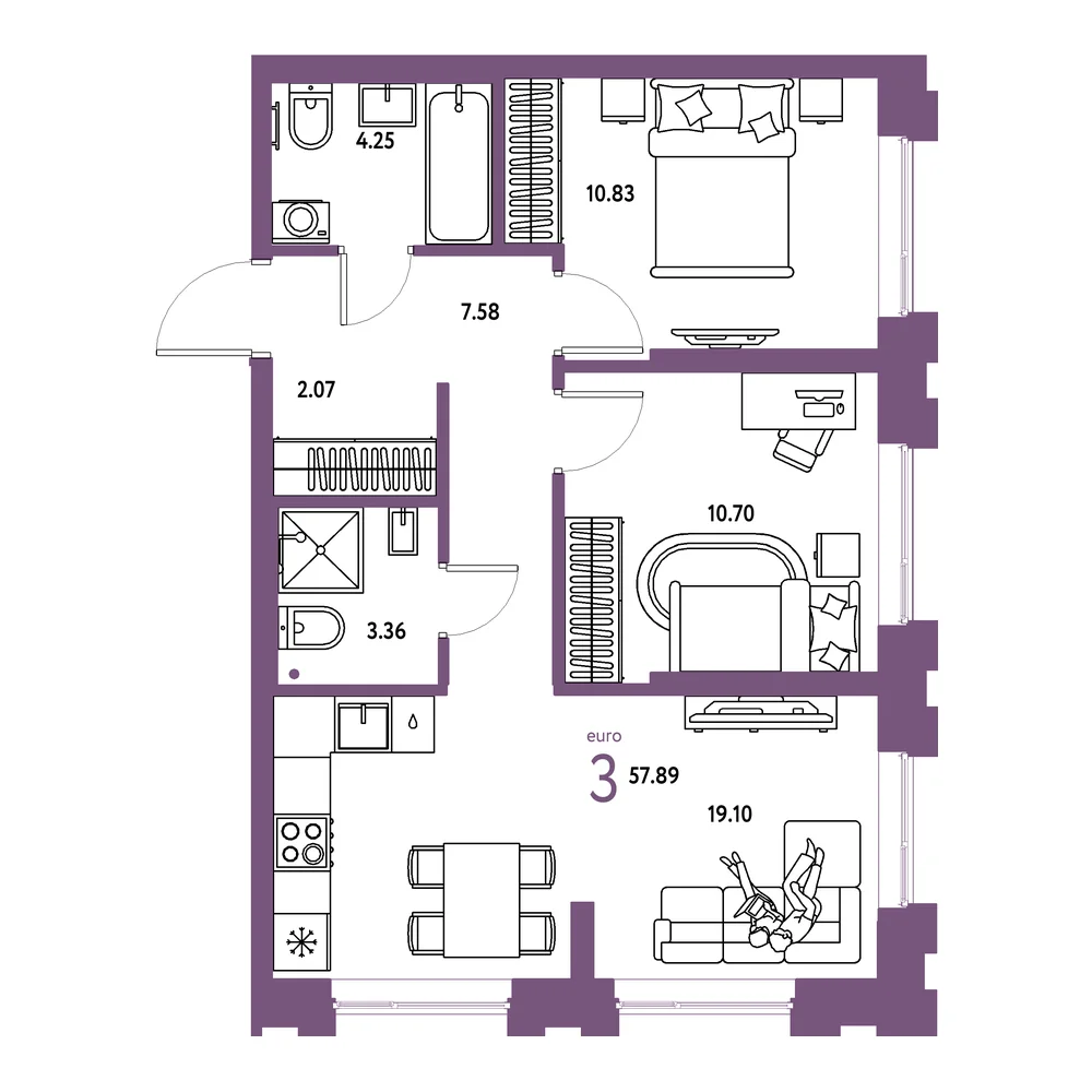 Планировка: Европейский берег 2.0 3-комнатная 57,89м²