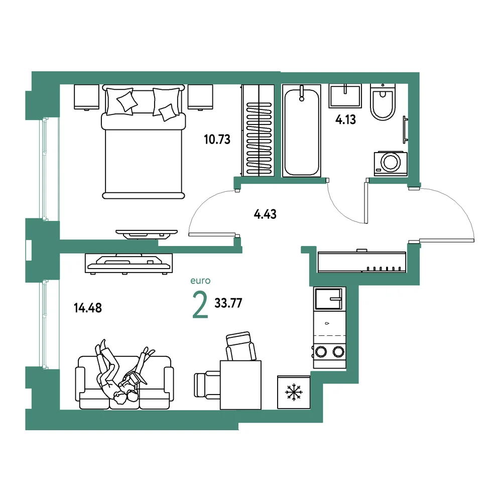 Планировка: Европейский берег 2.0 2-комнатная 33,77м²