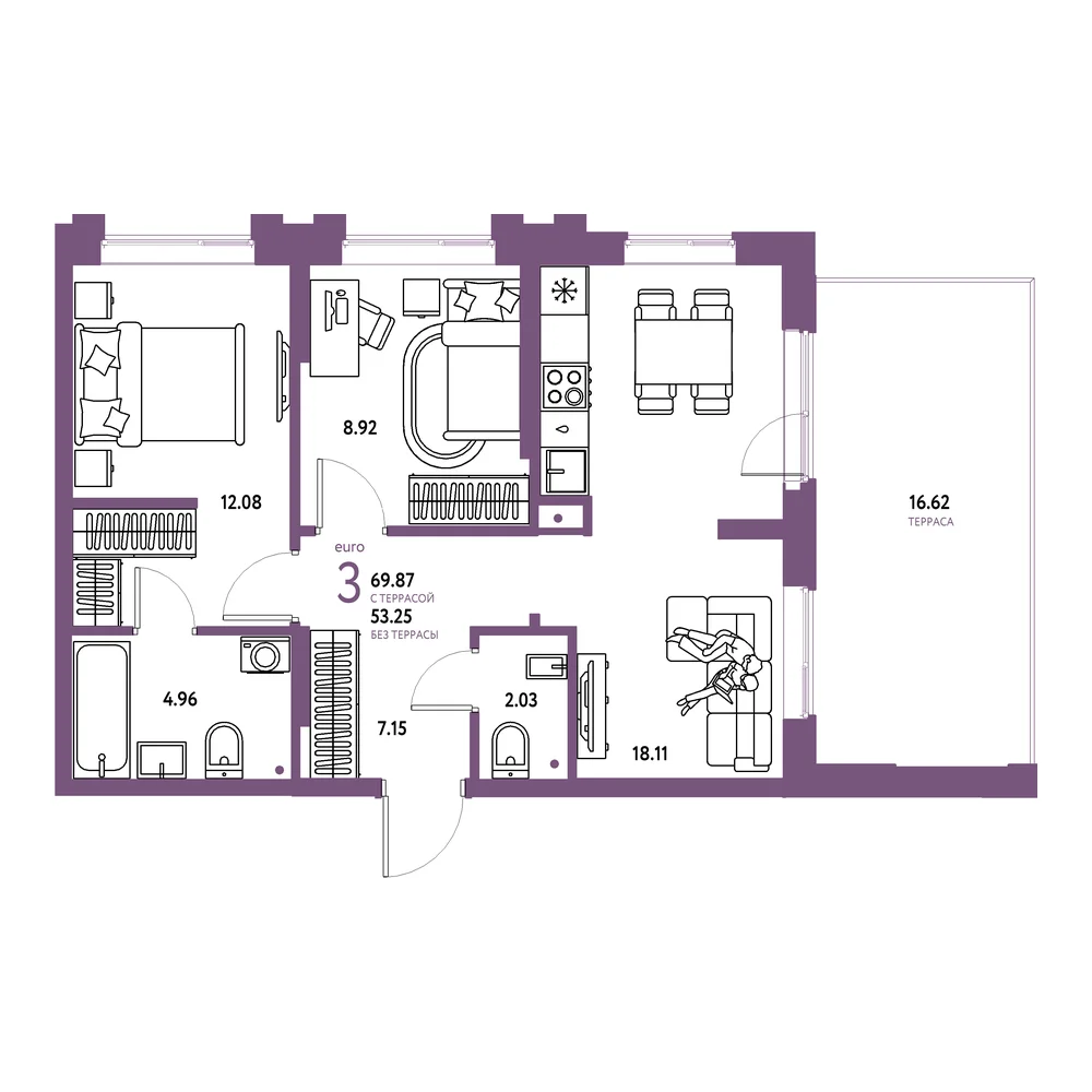 Планировка: Европейский берег 2.0 3-комнатная 69,87м²
