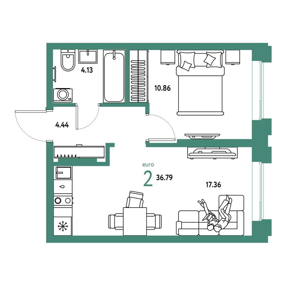 Планировка: Европейский берег 2.0 2-комнатная 36,79м²