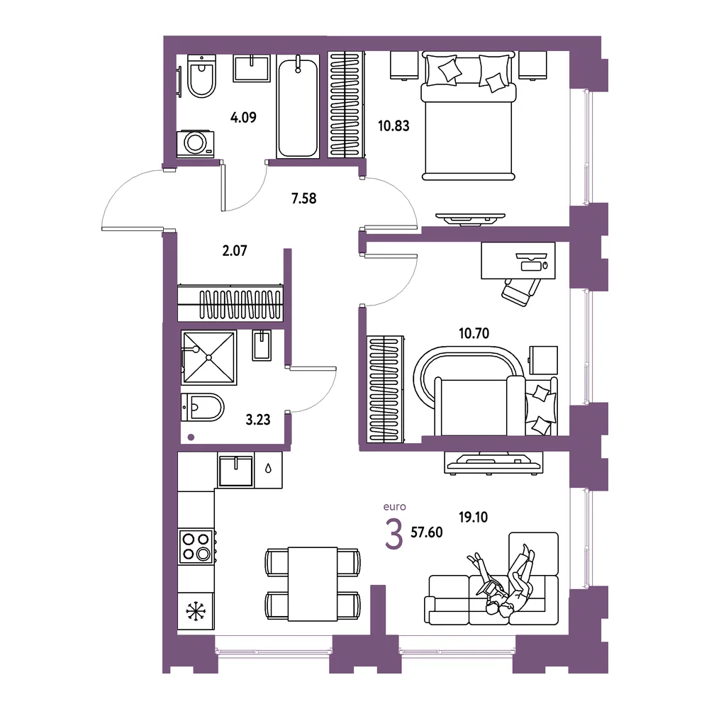 Планировка: Европейский берег 2.0 3-комнатная 57,60м²