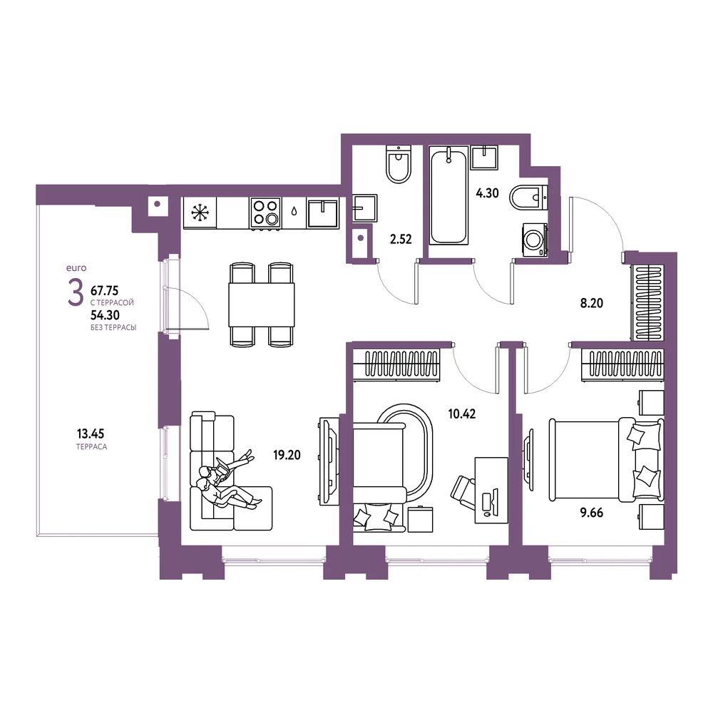 Планировка: Европейский берег 2.0 3-комнатная 67,75м²