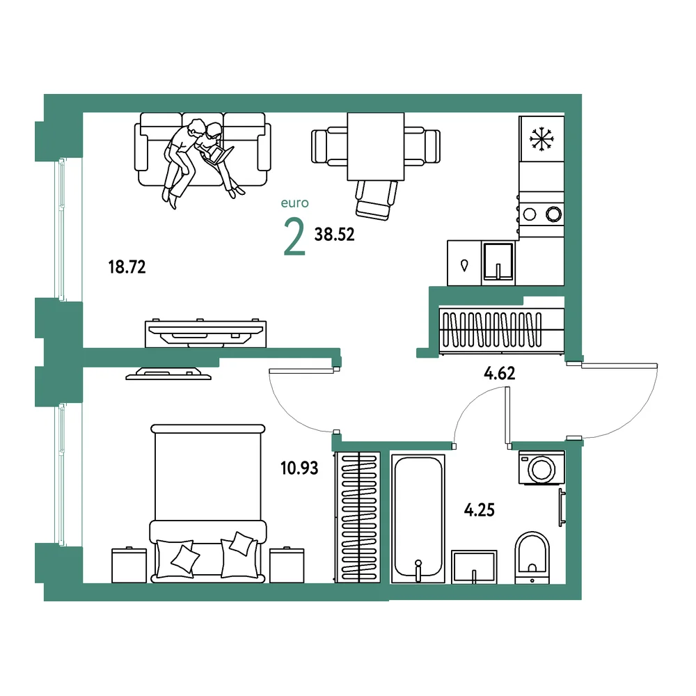 Планировка: Европейский берег 2.0 2-комнатная 38,52м²
