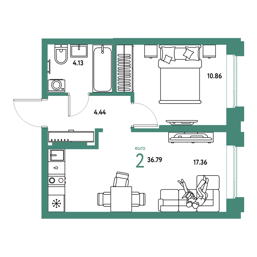 Планировка: Европейский берег 2.0 2-комнатная 36,79м²
