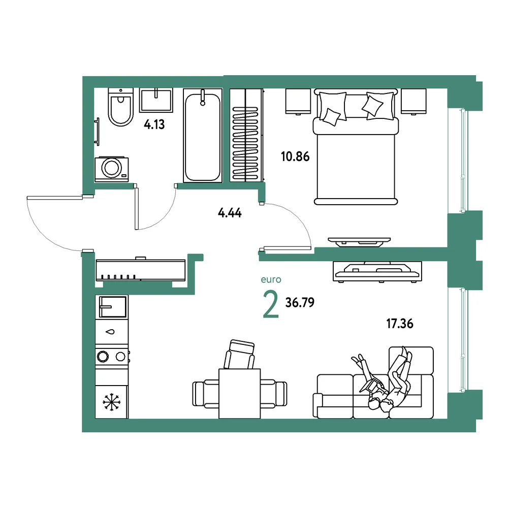 Планировка: Европейский берег 2.0 2-комнатная 36,79м²