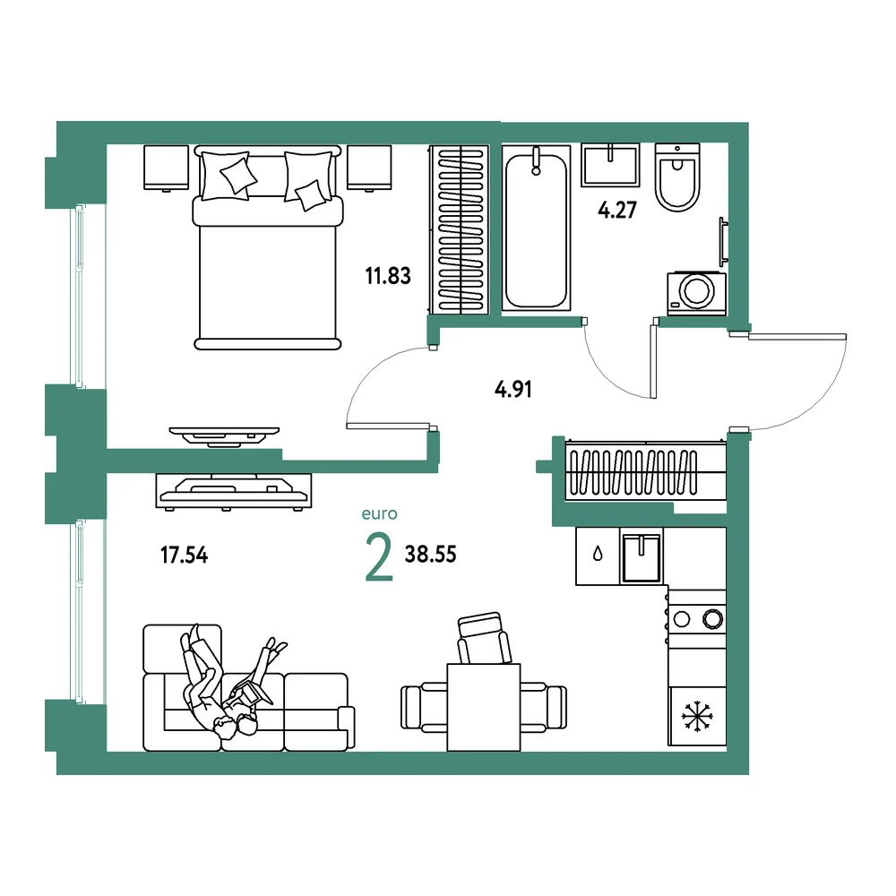 Планировка: Европейский берег 2.0 2-комнатная 38,55м²