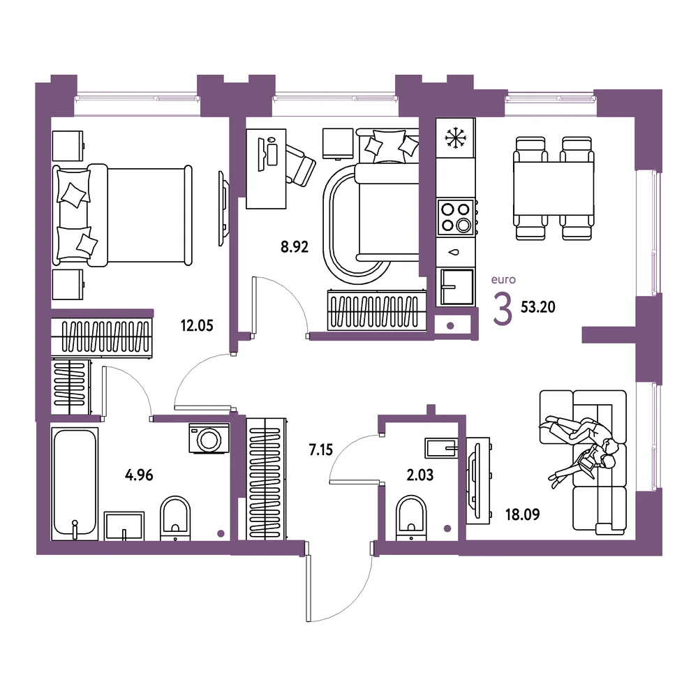 Планировка: Европейский берег 2.0 3-комнатная 53,20м²