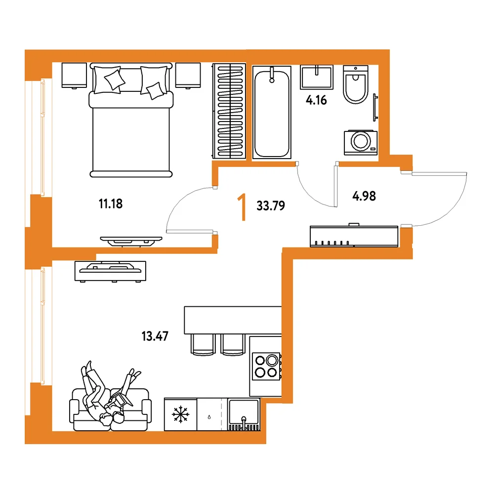 Планировка: Европейский берег 2.0 1-комнатная 33,79м²