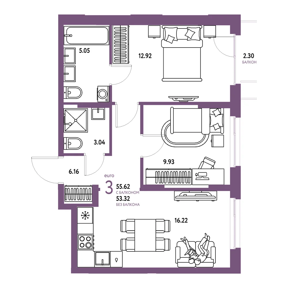 Планировка: Европейский берег 2.0 3-комнатная 55,62м²