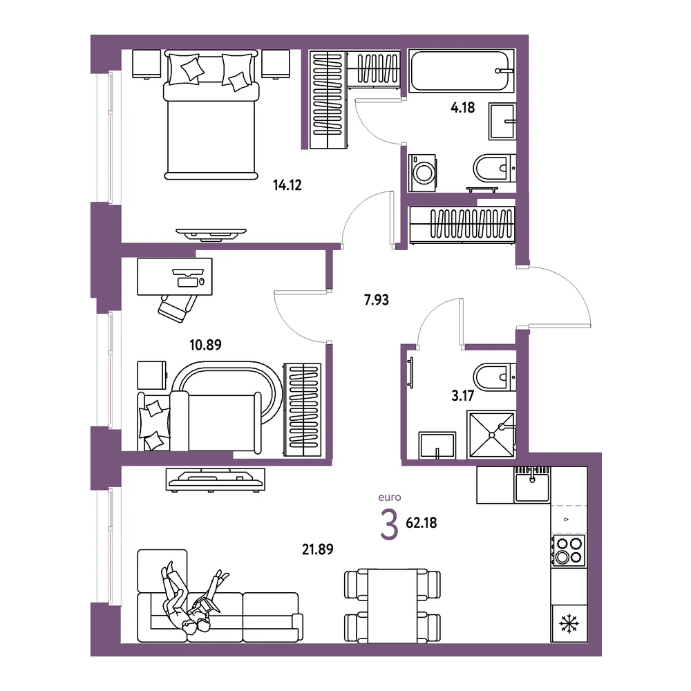 Планировка: Европейский берег 2.0 3-комнатная 62,18м²