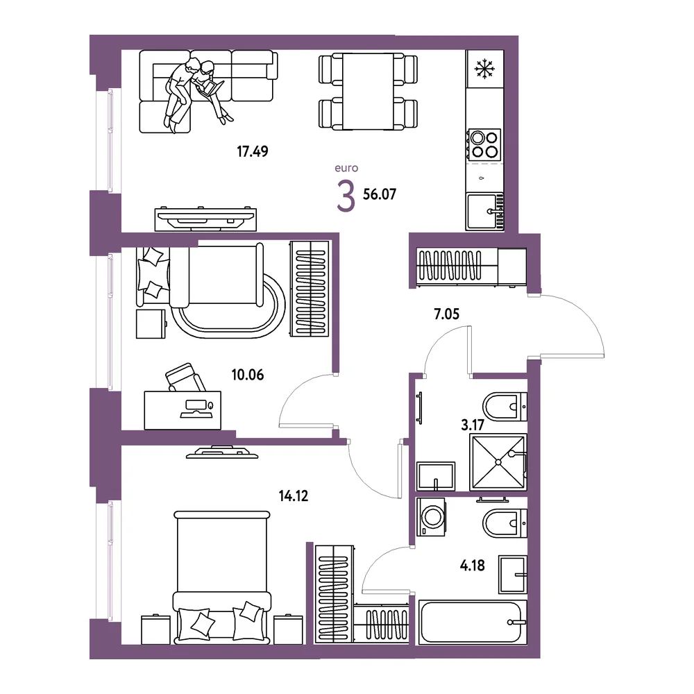 Планировка: Европейский берег 2.0 3-комнатная 56,07м²