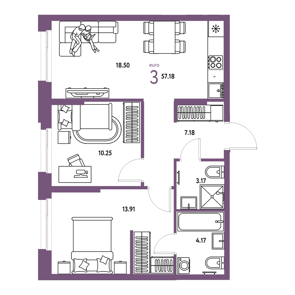 Планировка: Европейский берег 2.0 3-комнатная 57,18м²