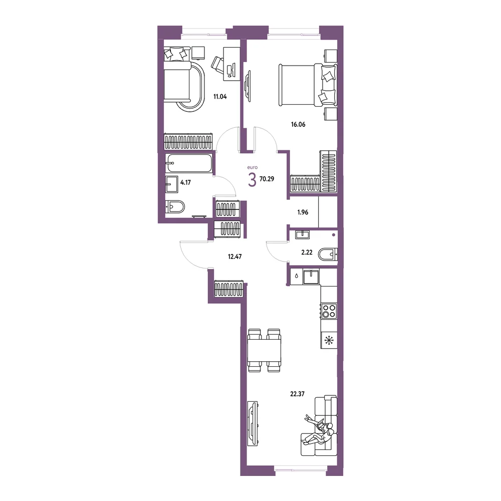 Планировка: Европейский берег 2.0 3-комнатная 70,29м²