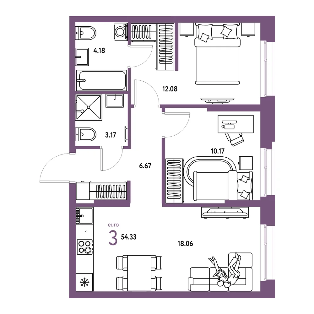 Планировка: Европейский берег 2.0 3-комнатная 54,33м²