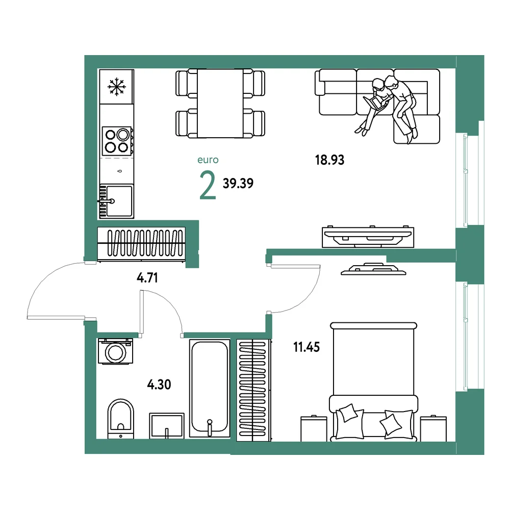 Планировка: Европейский берег 2.0 2-комнатная 39,39м²
