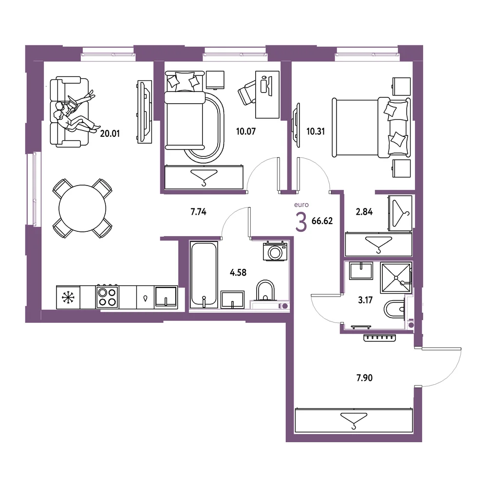 Планировка: Европейский берег 2.0 3-комнатная 66,62м²
