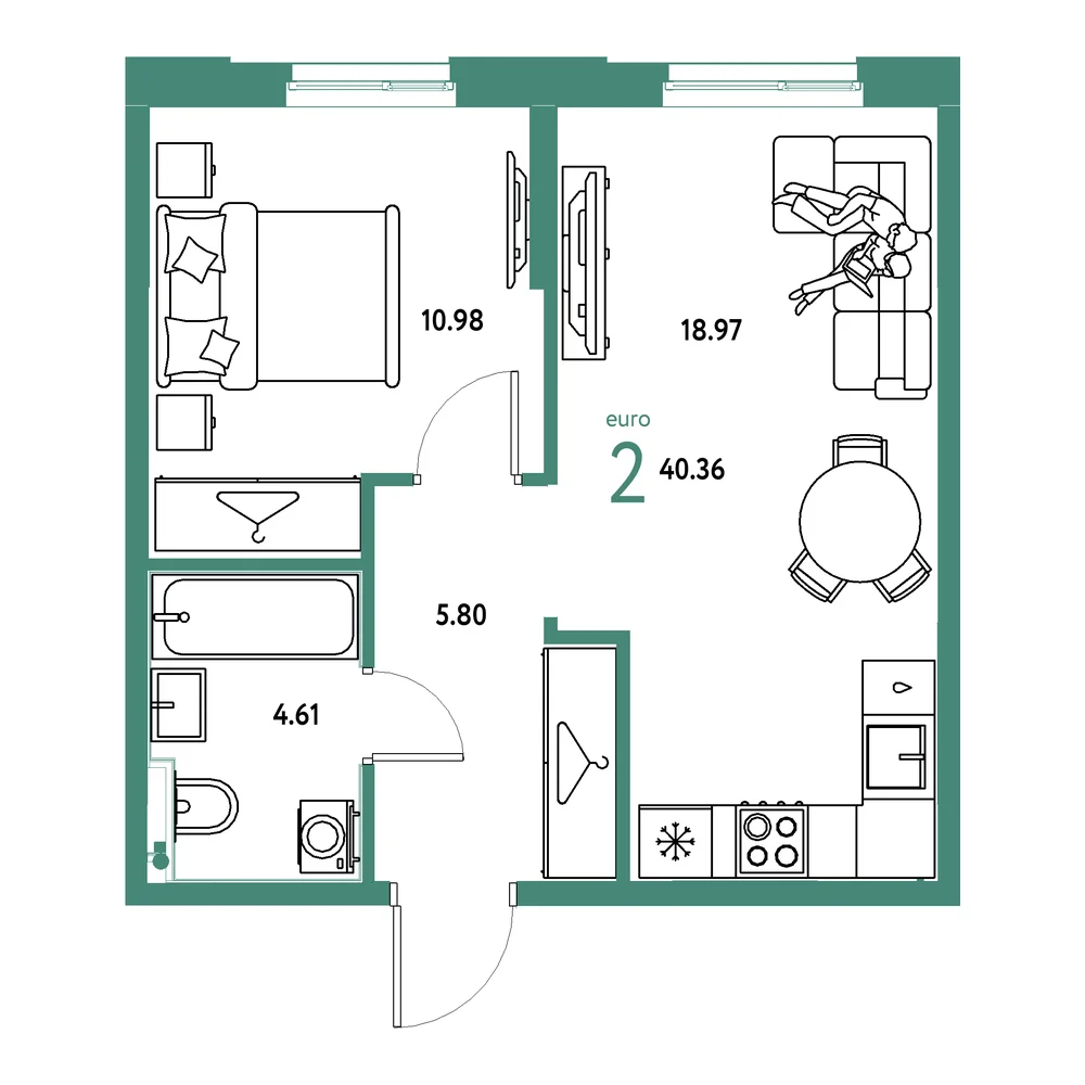 Планировка: Европейский берег 2.0 2-комнатная 40,36м²