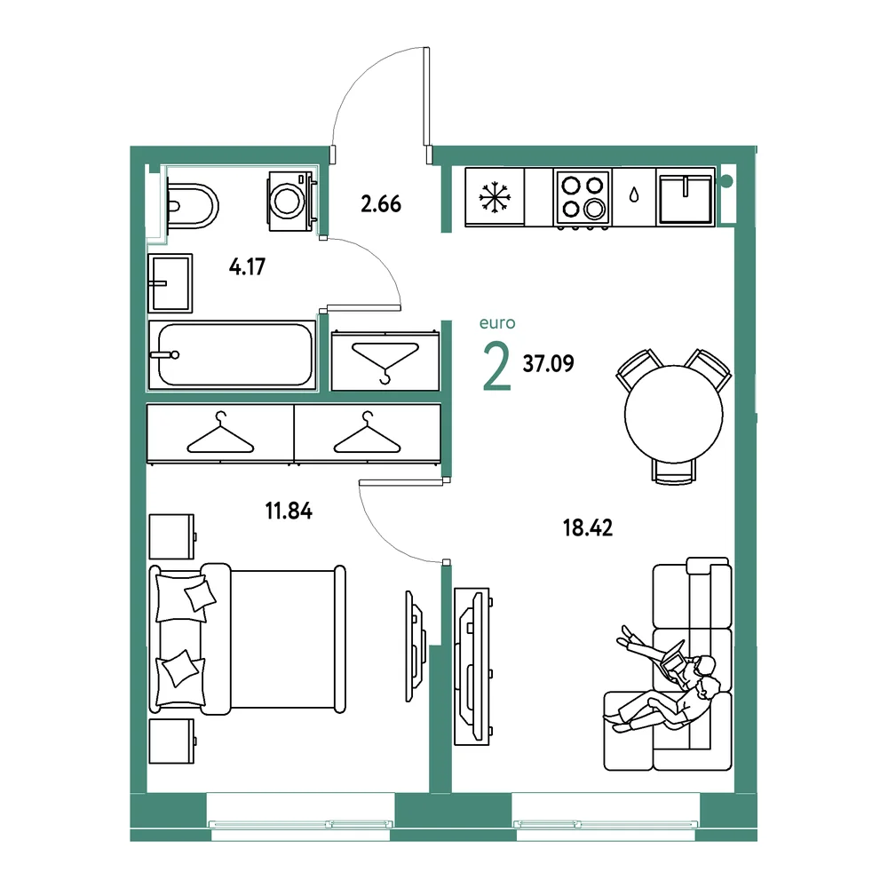 Планировка: Европейский берег 2.0 2-комнатная 37,09м²