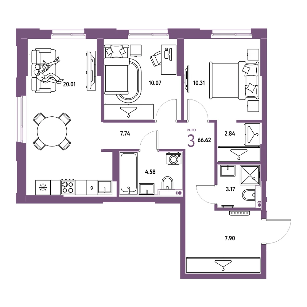 Планировка: Европейский берег 2.0 3-комнатная 66,62м²