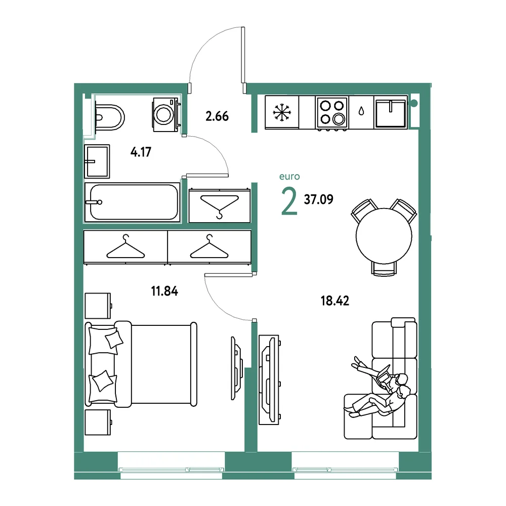 Планировка: Европейский берег 2.0 2-комнатная 37,09м²