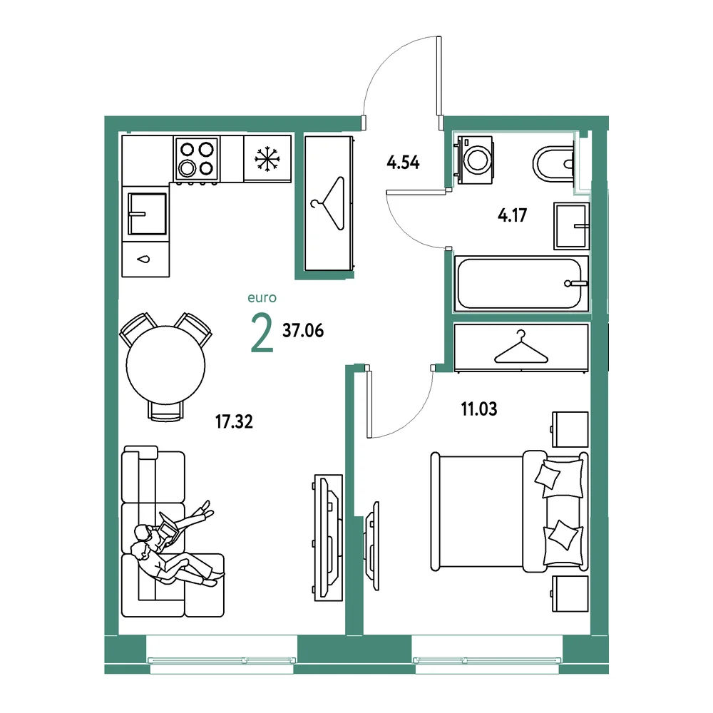 Планировка: Европейский берег 2.0 2-комнатная 37,06м²