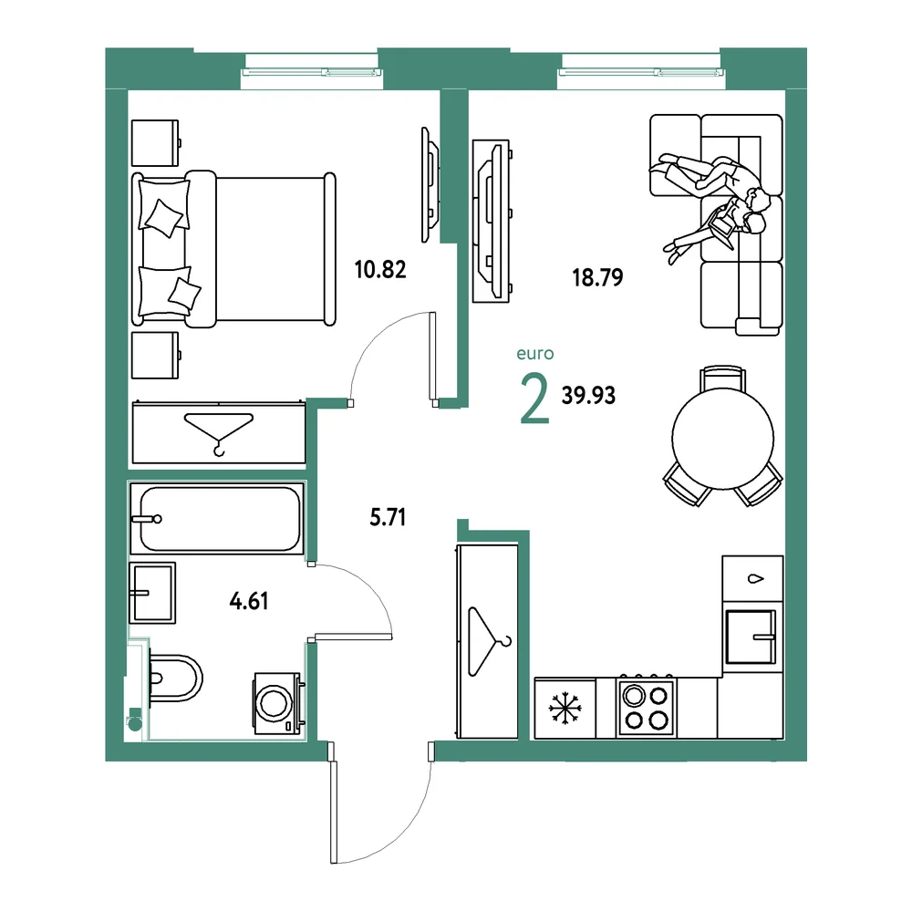Планировка: Европейский берег 2.0 2-комнатная 39,93м²